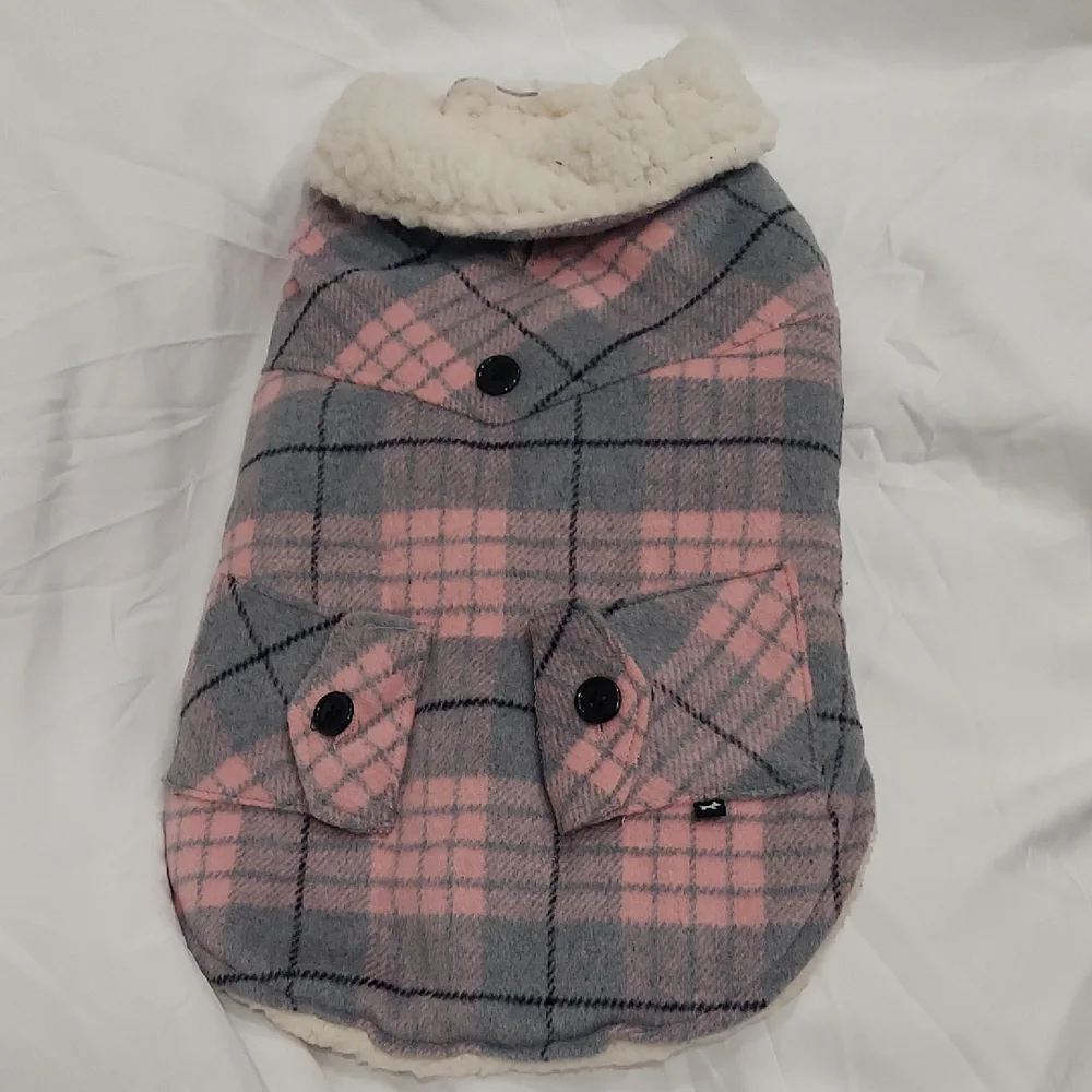 Plaid Sherpa-Lined Dog Coat in Gray & Pink